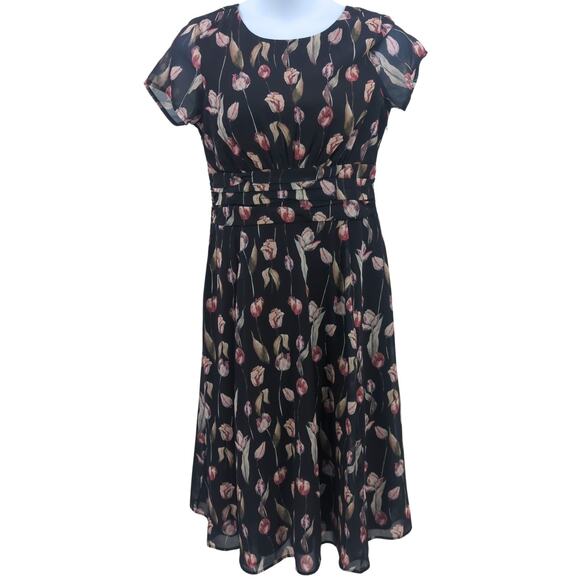 Wayward Fancies Dress Womens 12 Black Dark Floral Midi Feminine Romantic Modest - Picture 1 of 14